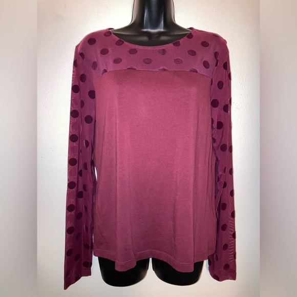 H&M Y2K Burgundy Polka Dot Sheer Sleeves Coquette Feminine Fall Blouse Large - Picture 3 of 13